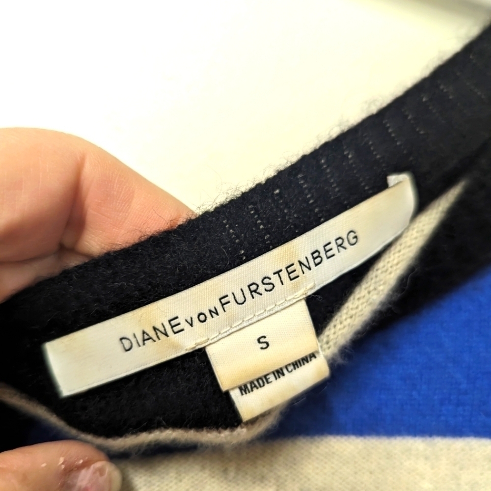 Diane Von Furstenberg DVF Striped Cashmere Sweater with lime yellow S Grey - Picture 6 of 11